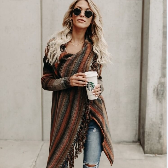 Striped Fringe Shawl in Brown and Orange - Picture 3 of 3